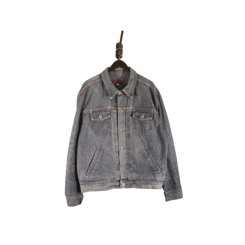 Vintage 1990s Guess Trucker Denim Jean Jacket Dark Wash Hip Hop Rap Size XL